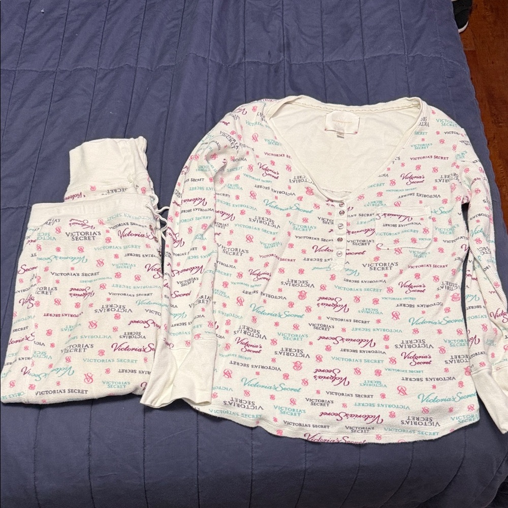Victoria's Secret White Pajama Top with Pink and Teal Logo Print